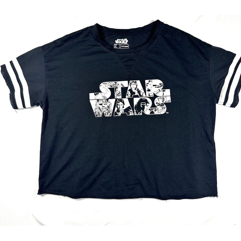 Star Wars Fifth Sun Black Graphic Crop T-Shirt Varsity Stripe Sleeve Womens XL